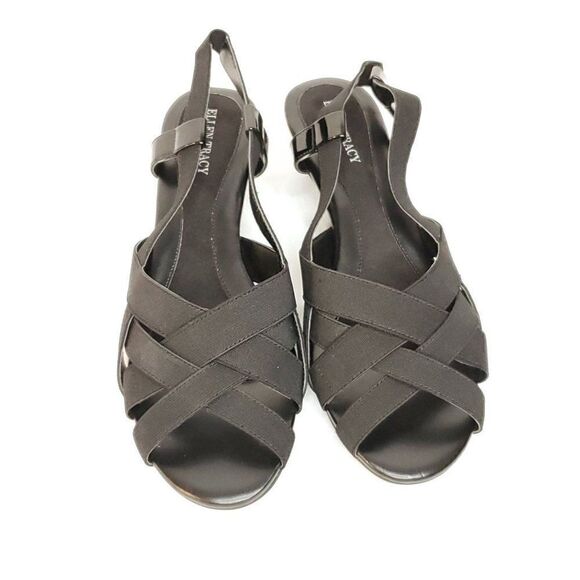 Ellen Tracy Slingback Wedge Sandal 8 Black Strappy Criss Cross Open Toe - Picture 4 of 8